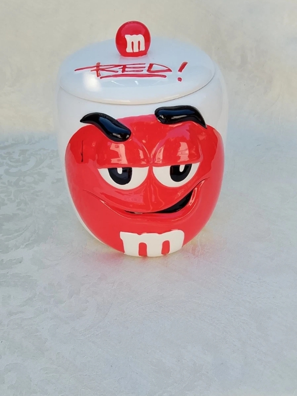 M & M Red Ceramic Cookie Jar. Red And White. Whimsical M&M Character